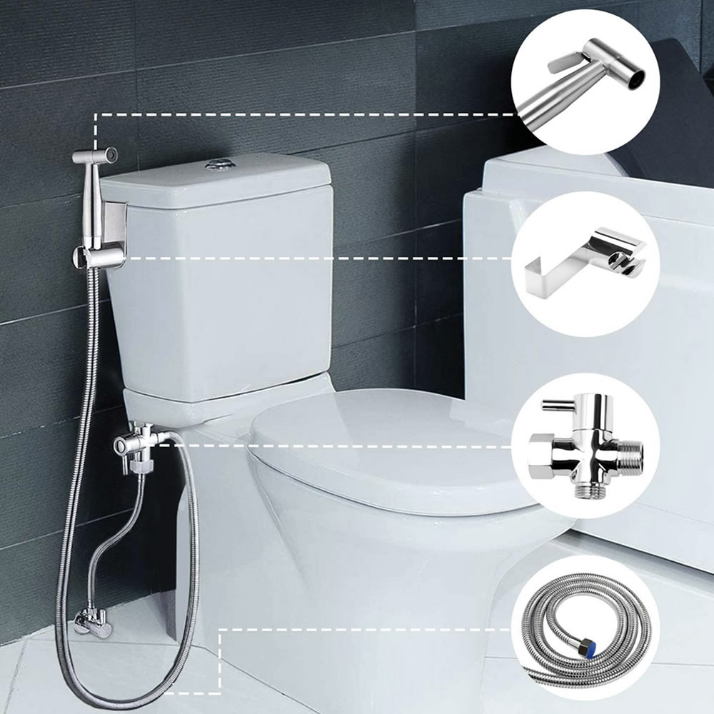 A stainless steel hand held bidet sprayer kit laid out with its hose, T-valve and wall holder