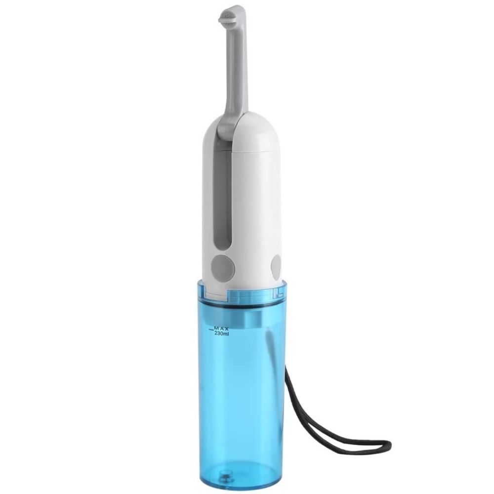 The travel bidet with its blue 230 ml reservoir and wrist strap